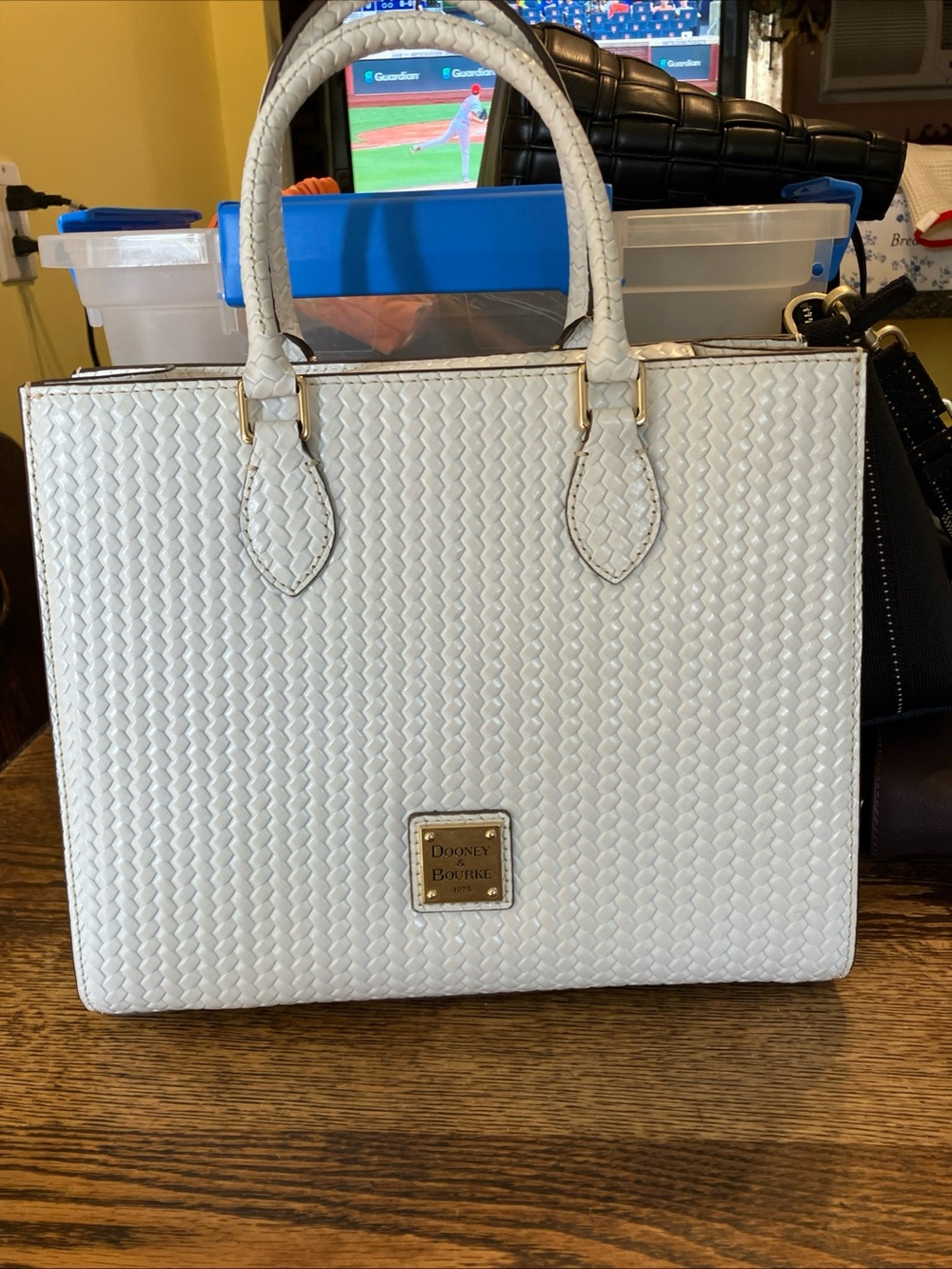 Dooney & Bourke White Woven Leather Tote with Gold Accents - Picture 6 of 7